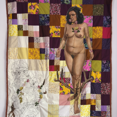 Abrazando Con Amor, (Side 1) Mixed media quilt with natural dyed yarn, 2025, 70” x 60” Photo Credit: Adolphe Pierre-Louis 